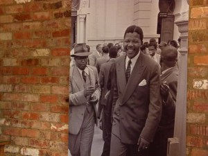 A photo of Mr. Mandela hanging inside his old study at Liliesleaf